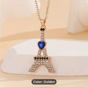 Gold Eiffel Tower Pendant Necklace with Blue Heart